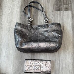 Coach Embossed Metallic Gunmetal Tote bag purse + Wallet Y2K retired